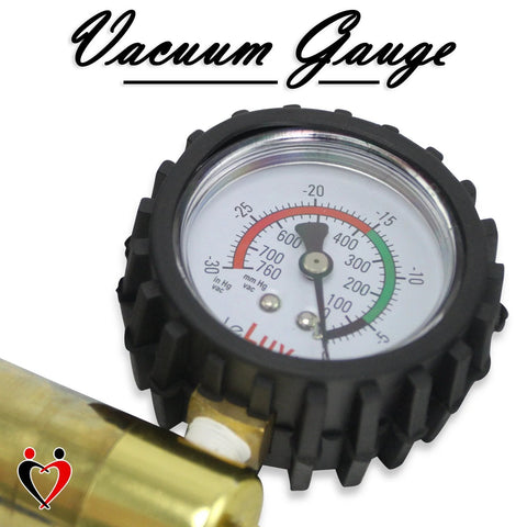 LeLuv Ultima black vacuum pump front view with gauge, aluminum/brass handle, protective rubber cover, and clear hose