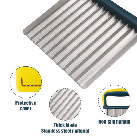 Crinkle Cutter Knife with stainless steel blade, yellow protective cover, blue non-slip handle.