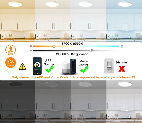 2700K-6500K LED ceiling light brightness control panel, app and voice control icons, not for physical dimmer. 12 Inch Smart Flush Mount LED Ceiling Light With Dimmable Brightness, Adjustable CCT 2700K-6500K And 16 Million Colors, 24W CCT And 4W RGB, Voice Or App Control, Works With Alexa And Google Home Assistant.