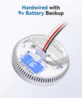 Hardwired Photoelectric Smoke Detector And Fire Alarm with 9V battery backup seen from behind, showcasing wiring details.