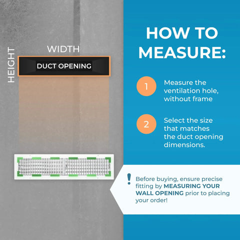 Instructions on measuring duct opening for Premium 30 By 6 Inch Wall Vent Cover With Multi Shutter Damper And Adjustable Front Blades.