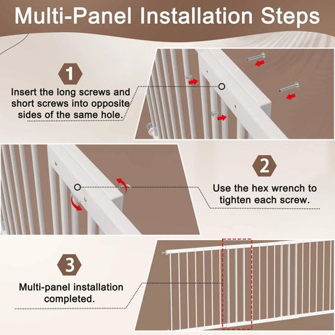 Installation steps for Kids Window Safety Guard, Adjustable 61.4 To 86.6 Inch Wide Interior Bar Gate with white 3 panels.
