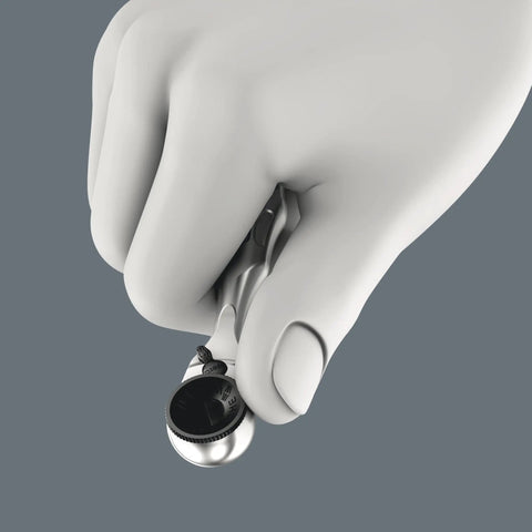 Hand holding a Rapidaptor from the Quarter Inch Drive Bit Set With Belt Clip Bit Check And Rapidaptor Holder In Carrying Case Including 28 Bits Adapter And Freewheel Sleeve For Quick Extensions On The Job.