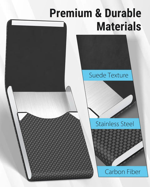 Inside view of Slim RFID Blocking Card Holder in Black Carbon PU Leather and Stainless Steel with Magnetic Closure, showcasing materials