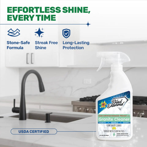 Biobased Granite Countertop Cleaner bottle on kitchen counter, safe for granite, marble, quartz, USDA Certified plant-powered formula