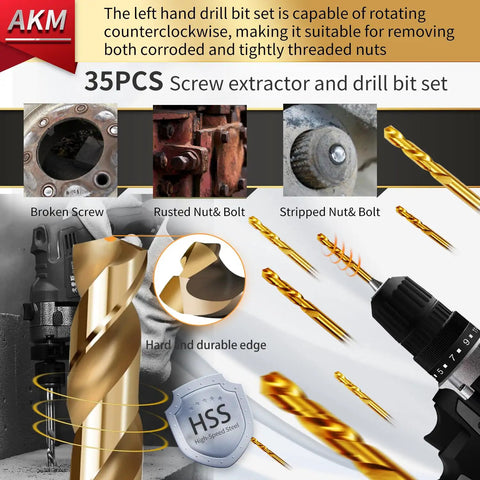 36 Piece Screw Extractor Set With Drill Bits For Removing Broken Studs Bolts And Socket Screws Includes 13 Multi-Spline Extractors 6 Spiral Extractors 16 Left-Hand Cobalt TiN HSS Drill Bits And A Center Punch Pro Grade Heavy Duty Kit displayed with broken screw and rusted nut visual.