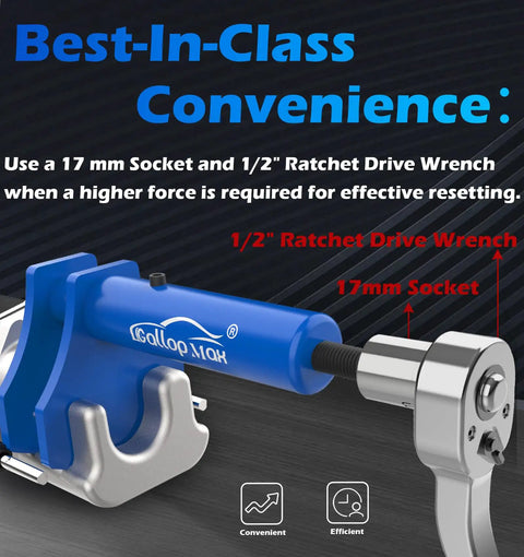Beefy Pro Grade Multi Piston Brake Caliper Compression Tool with 17mm socket and 1/2" ratchet wrench, blue trapezoidal push plate