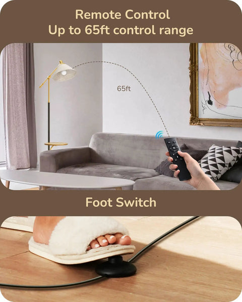 Lit Arched Floor Lamp Black Metal Standing Arc Lamp with remote control and foot switch by a couch