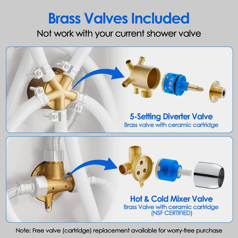 Brass valves for Heavy Duty Led Shower Panel Tower With Five Sick Shower Modes, including diverter and mixer valves.