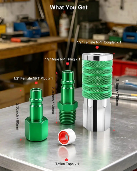 Half Inch Air Hose Fittings Kit With Quick Connect Adapters 3 Piece Bundle For Pneumatic Tools And Air Compressors 300 PSI Green Plated Heavy Duty Iron Includes Coupler And Plugs, with 1/2 in NPT parts