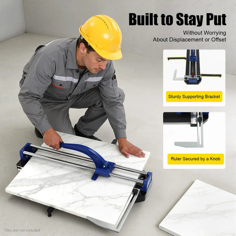 Heavy-Duty Manual Tile Cutter 31 Inch For Ceramic And Porcelain Tiles With Tungsten Blade and Rail Guides in use on marble tile surface.