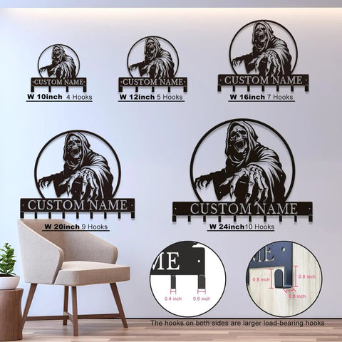 Personalized Badass Grim Reaper Key Holder with Custom Name, metal key rack sizes and hook details for entryways and man caves.