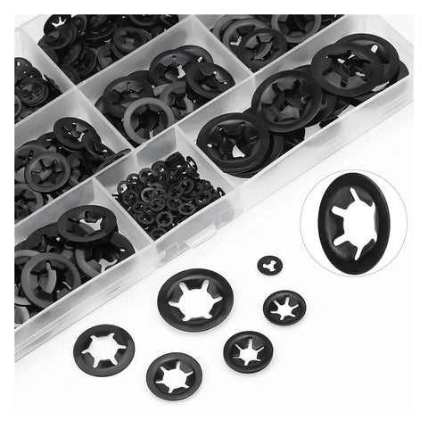 460 Piece Internal Tooth Star Lock Washer Assortment With 9 Sizes Spring Steel Anti Loosening Quick Lock Hardware Kit in storage case.