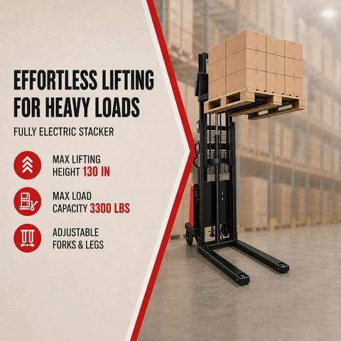 Heavy Duty Semi Electric Stacker Dropping A Massive 3300 Lbs Payload With 48V Motor Kick for lifting 130 inches high with pallets.