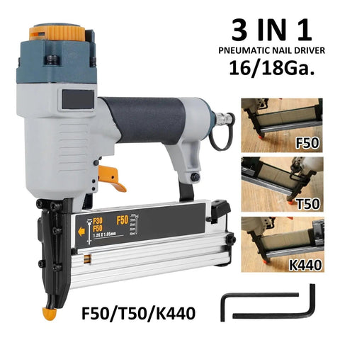Reliable Pneumatic Brad Nailer Gun With Precision Depth Trigger Feather Touch Ergonomics for versatile 16/18Ga use.