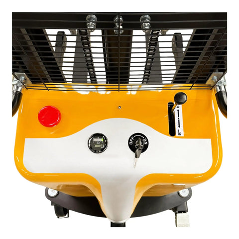 Top view of Heavy Duty Semi Electric Wide Leg Pallet Stacker With 3307 Pound Load Capacity And 78 Inch Lift Height control panel.