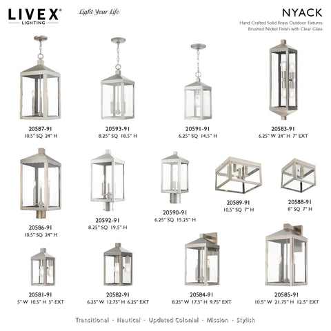 Transitional Three Light Outdoor Wall Lantern From Nyack Collection In Brushed Nickel Finish For Classic Curb Appeal display