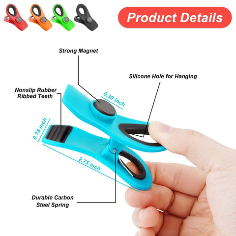 Vibrant Magnetic Chip And Bag Clips 12 Pack Reusable Kitchen Must Have Keeps Snacks Fresh Total Game Changer Super Handy Pantry Organization Essential blue clip with rubber ribbed teeth and strong magnet, hand-held view.