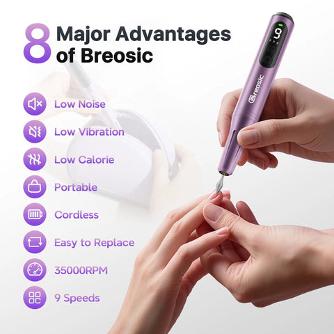 Heavy Duty Electric Nail Drill Kit With Twelve Versatile Bits For Grinding Gel And Acrylic Nails, Slick Purple Frame, smooth operator in use.