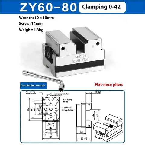 Precision Self Centering Pneumatic Vise For Four And Five Axis Turntable Fixture with dimensions and tool specifications shown.