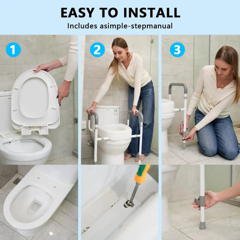 Easy installation of Heavy Duty Raised Toilet Seat Riser With Secure Armrests And Soft Grip Handles And Solid Frame Setup.