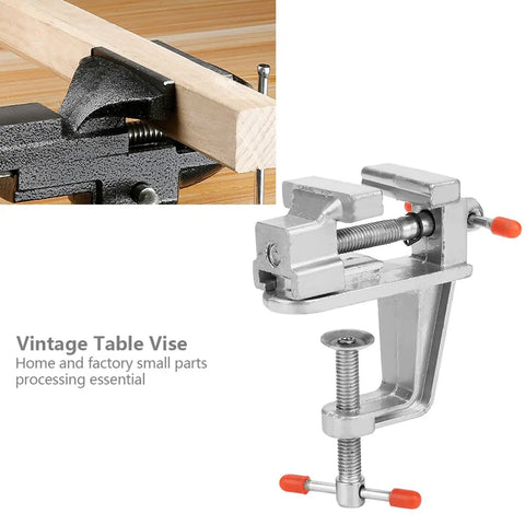 Must-Have Compact Vistreck Mini Flat Pliers Vise Clamp With 360 Degree Rotating Aluminum Alloy Table Vice Tool holding wood securely.
