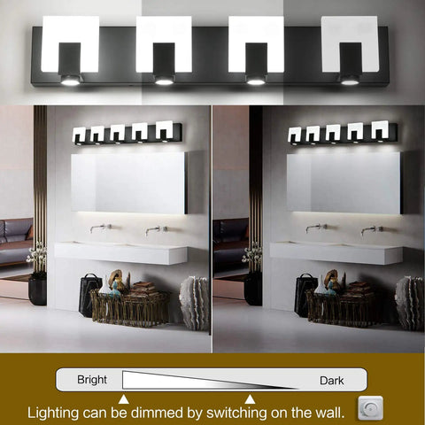 Matte Black Dimmable LED Vanity Lights For Bathroom Above Mirror Kit With Four Fixtures Sleek Bright LED Vanity Lighting Bar Set Easy Install 7249 Mounting Hardware Included, showing dimmable functionality above a modern mirror