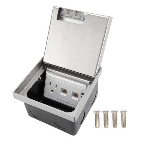 Slick Stainless Steel Recessed Floor Outlet Kit With Waterproof Dustproof Concealed Electrical Receptacle Cover open with screws