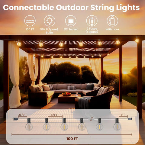 Connectable Outdoor LED String Lights 100 Ft With 52 Shatterproof G40 Vintage Edison Bulbs Waterproof Patio Lighting For Porch Deck