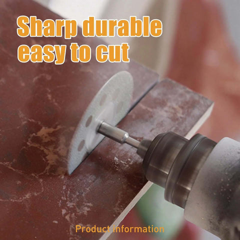 Close-up of 22mm diamond-coated cut-off disc mounted on a 3mm mandrel on a rotary tool.