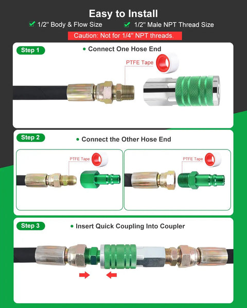 Half Inch Air Hose Fittings Kit With Quick Connect Adapters 3 Piece Bundle For Pneumatic Tools And Air Compressors 300 PSI Green Plated Heavy Duty Iron Includes Coupler And Plugs installed on hose