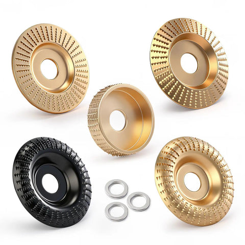 Pro Grade Five Piece Wood Carving Disc Set For 4 And 4.5 Inch Angle Grinders With 7/8 To 5/8 Inch Arbor Includes Flat Bevel Curved Slotted Shaping Discs