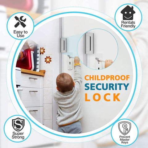 Heavy Duty Door Reinforcement Lock For Ultimate Home Security And Kid Proof Safety Featuring Tough As Nails Aluminum Alloy Construction Kick Resistant Latch Kit 3 Pack For Apartment Living showing a child reaching for a childproof security lock.