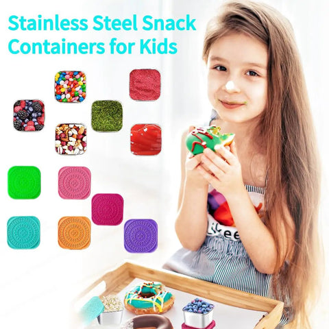 Child eating snack next to colorful silicone lids and Six Pack 6oz Stainless Steel Snack Containers For Kids With Leakproof Lids.