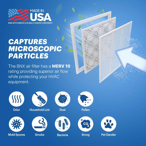 MERV 10 20x20x1 pleated air filter six pack for AC furnace and HVAC systems made in USA, filtering particles illustration