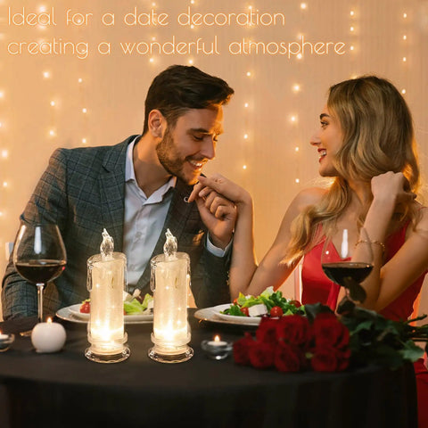 Couple dining with two pack LED flameless candles with realistic flicker flame, battery operated and batteries included