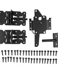 Heavy Duty Carbon Steel Gate Hinge Bolt Kit For Outdoor Fences And Gates Secure Locking Door Latch Hardware Set With Mounting Screws, parts laid out