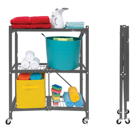Three Tier Foldable Storage Shelf On Wheels, Heavy Duty Rolling Rack, pewter finish, with towels and bins, next to folded unit