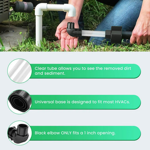 Universal Ac Drain Line Unclogger Tool And Hvac Pipe Cleaner Adapter attached to wet vacuum, showing clear tube for viewing clogs.