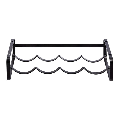 Stackable Tabletop Wine Rack For Four Bottles Sleek Black Steel Countertop Holder with wavy cradles for secure bottle storage.