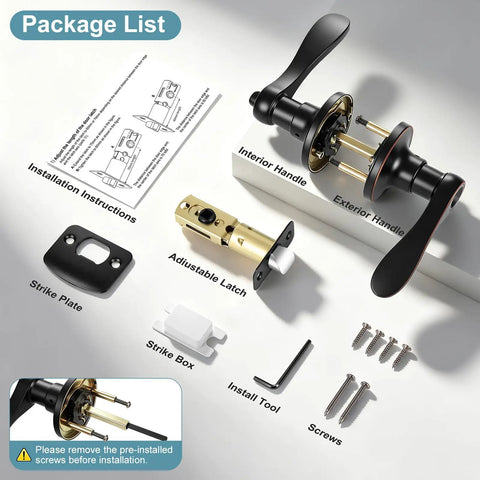 Heavy Duty Privacy Door Knobs 6 Pack In Oil Rubbed Bronze Wave Style Zinc Alloy Reversible Interior Door Levers With Keyless Bedroom Locks Rust And Corrosion Resistant ANSI Grade 3 200K+ Cycles package contents including handles, latch, and screws