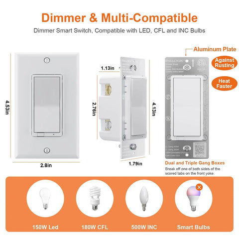 Z-Wave Plus 3-Way Smart Dimmer Switch With Built-In Repeater Dims From Switch Or App Works With SmartThings Wink Alexa Fits Regular 3-Way Circuits Hub Required Easy Setup For Your Smart Home shown with dimensions and bulb compatibility