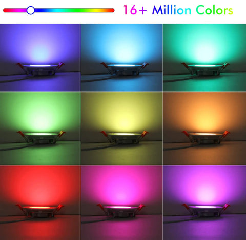 Nine color variations of Six Pack 3-Inch Smart WiFi Recessed LED Lights RGBCW Color Changing, Works With Alexa And Google Home.
