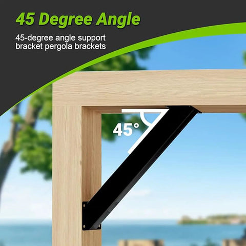 Heavy Duty 45 Degree Angle Support Brackets Kit For Wood Posts on a wooden frame, showing black steel brace at a 45-degree angle.