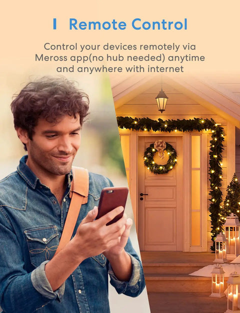 Man using phone for Outdoor Smart Plug With Dual Grounded Outlets, Weatherproof WiFi Outlet remote control near decorated home entrance.