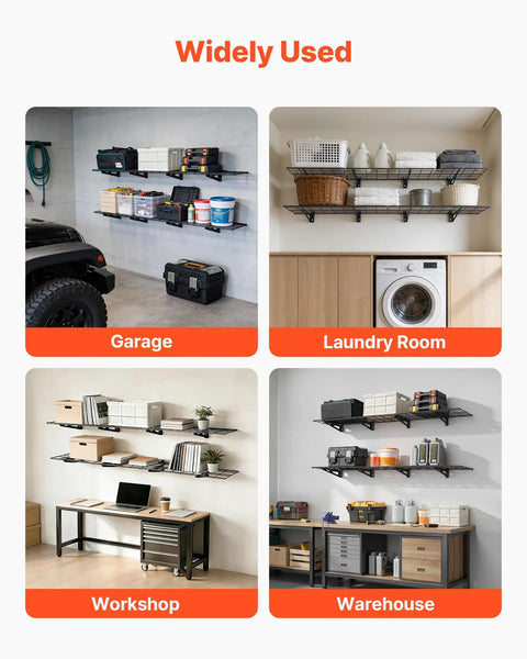 2-Pack Heavy Duty Garage Wall Shelving Units, 6-Foot Long Steel Wall Mounted Shelves in garage, laundry, workshop, warehouse.
