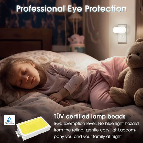 Child sleeping with Led Night Light Easy Plug In Wall 2 Pack With Dusk To Dawn Sensor Dimmable 0 To 100 Lumens 5000K in bedroom