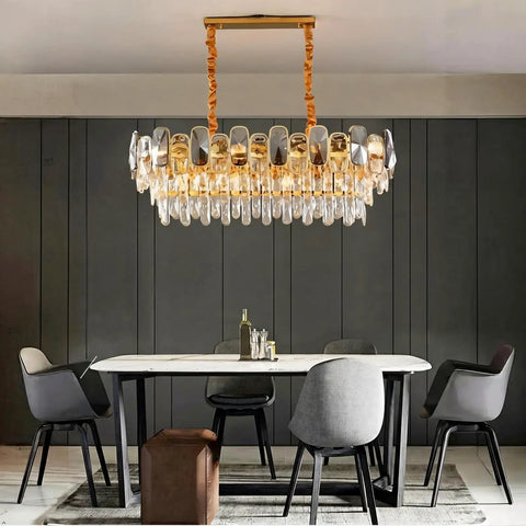 Premium Smoke Gray Crystal Chandelier Ceiling Fan 42 Or 48 Inch Dimmable LED Lights Smart Three Color Remote Control Gold Tone Blades in modern dining space.
