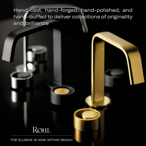 Black and gold modern faucets with circular handles on sleek black surface, showcasing contemporary design and elegance.