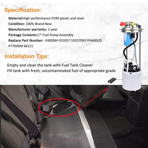 Chevy Silverado 1500 And GMC Sierra 1500 Fuel Pump Assembly With Sending Unit for 2010-2013 V8 models, shown next to installation tips.